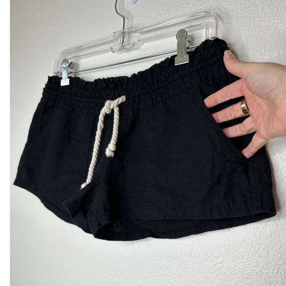 Roxy Oceanside Black Linen Elasticized Cream Rope Tie Shorts M - Picture 5 of 11